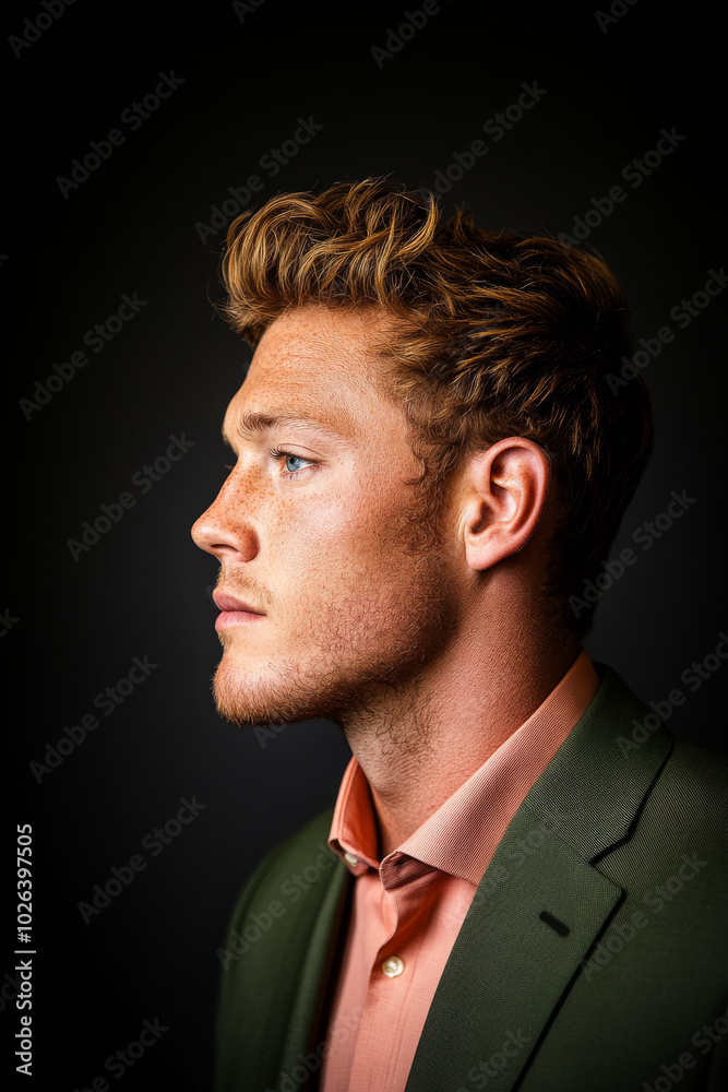 Portrait of a young man in profile wearing a suit against a dark background during a studio session Portrait of a young man in profile wearing a suit against a dark background during a studio session