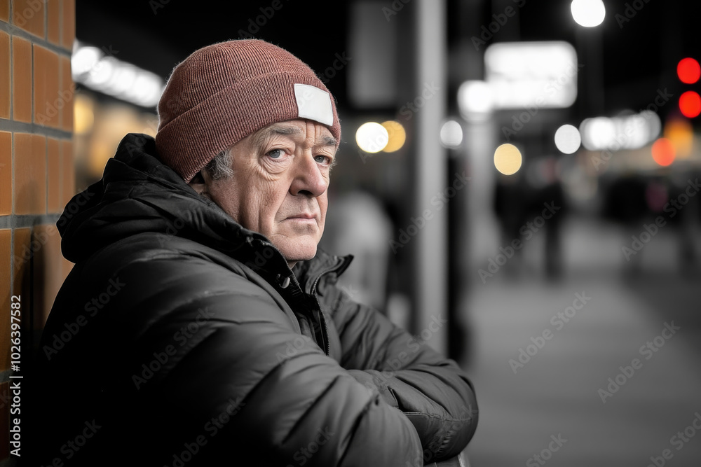 Man in a beanie sits against a urban wall at night, showing a thoughtful expression Man in a beanie sits against a urban wall at night, showing a thoughtful expression