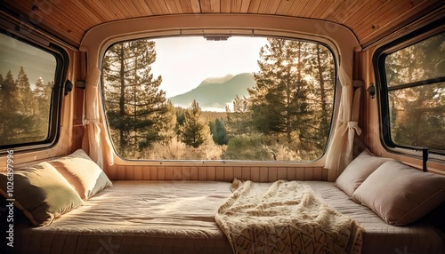 Sleeping place in a converted van with a beautiful view of the forest.