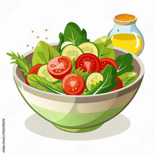 Hand-Drawn Vegetable Salad with Lettuce, Tomatoes, and Cucumbers on White Background. Perfect for: Healthy eating campaigns, Diet programs, Family dinners