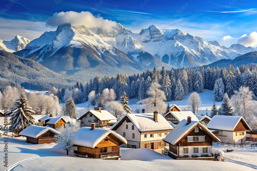 winter landscape with houses and mountains Extreme Close-Up winter landscape with houses and mountains Extreme Close-Up