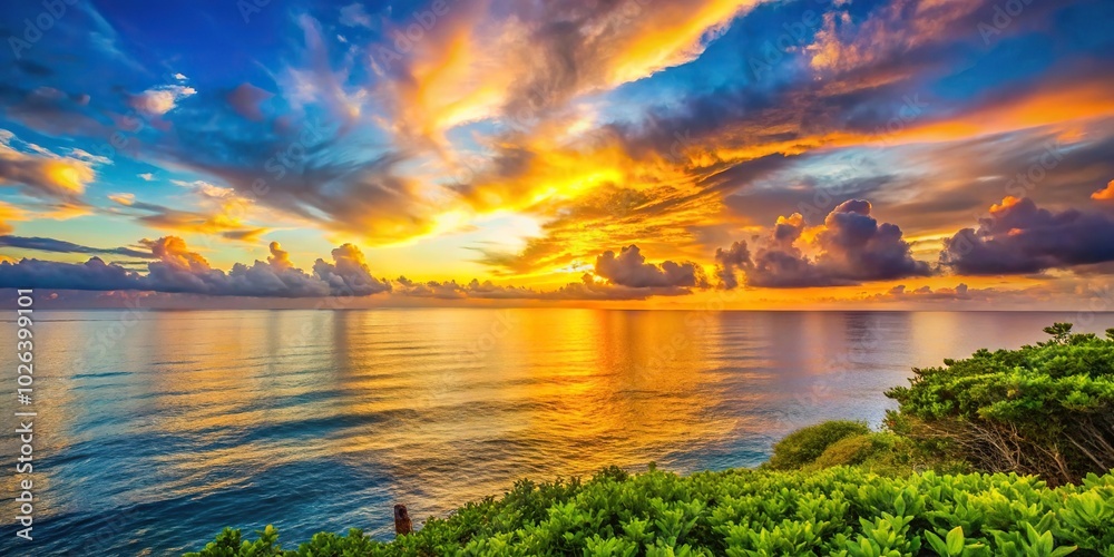 Obraz premium Colorful sunset over ocean and green bushes silhouette