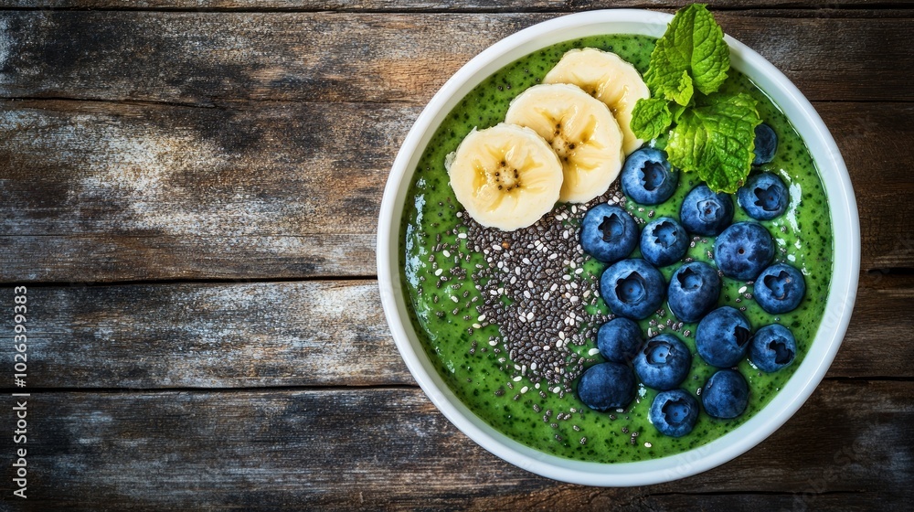 Green smoothie bowl with banana, blueberries, and chia seeds on a wooden table. Green smoothie bowl with banana, blueberries, and chia seeds on a wooden table.