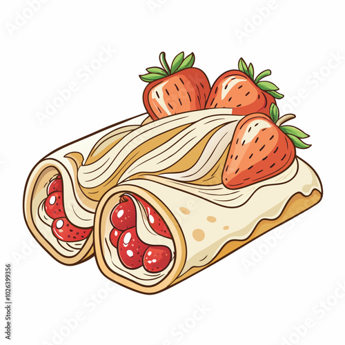 Hand-Drawn French Crepe with Strawberries and Cream. Perfect for: Breakfast, French National Day, Valentine's Day, Dessert tables