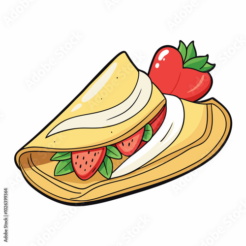 Hand-Drawn French Crepe with Strawberries and Cream. Perfect for: Breakfast, French National Day, Valentine's Day, Dessert tables