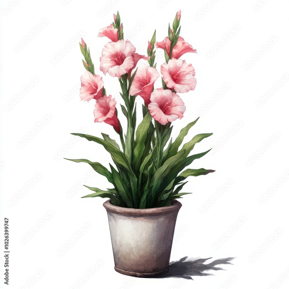 A potted plant featuring pink gladiolus flowers with green leaves. A potted plant featuring pink gladiolus flowers with green leaves.