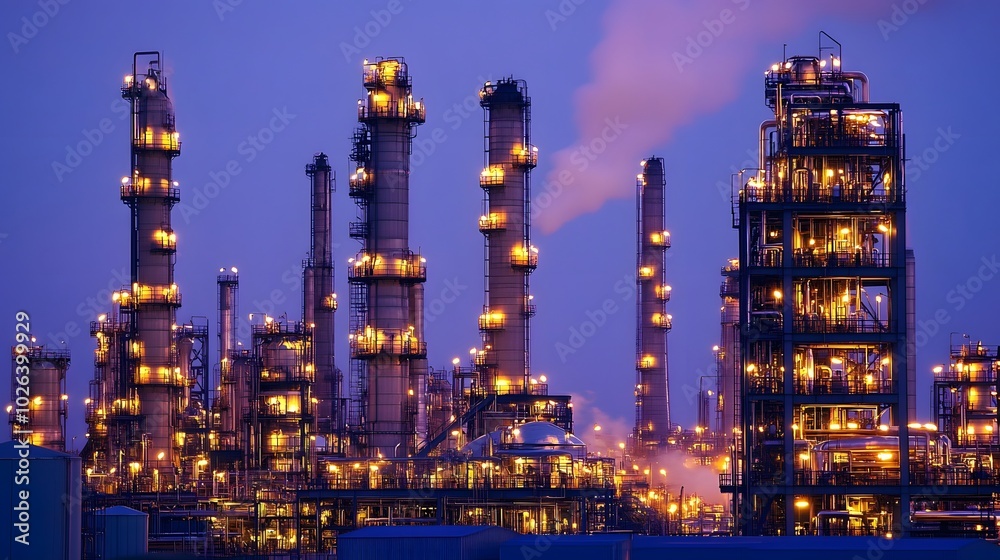 Fototapeta premium A petrochemical plant operating at night, surrounded by towering distillation columns glowing with lights.