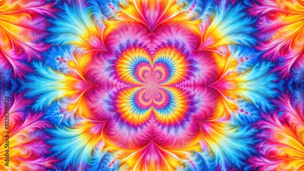 Colorful tie dye fabric design in pink, purple, blue, orange, and yellow hues