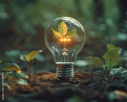 Creative representation of a green ecofriendly lightbulb, emphasizing the role of sustainable energy in protecting the planet for Earth Day photo