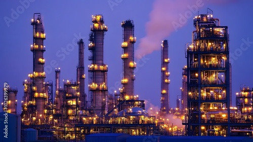 A petrochemical plant operating at night, surrounded by towering distillation columns glowing with lights.