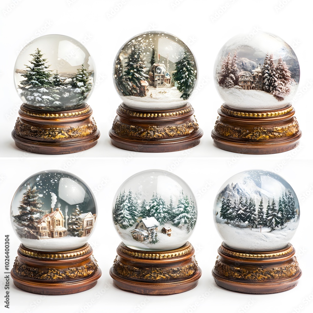 Enchanting snow globes featuring winter wonderland scenes inside glass spheres Enchanting snow globes featuring winter wonderland scenes inside glass spheres
