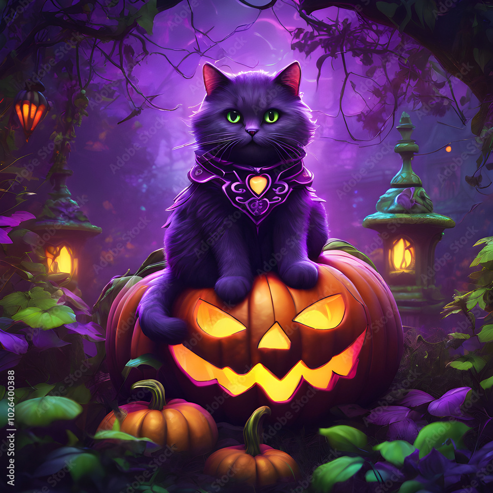A cat dressed as a ghost sits on a pumpkin in a garden filled with green and purple neon lights. A cat dressed as a ghost sits on a pumpkin in a garden filled with green and purple neon lights.