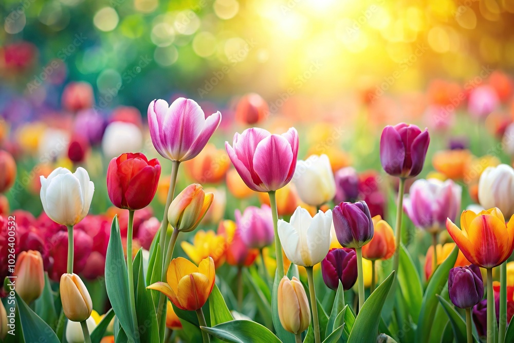 Colorful tulips flowers in a spring garden scene Colorful tulips flowers in a spring garden scene