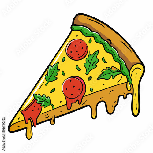 Hand-Drawn Slice of Pizza with Sausage, Cheese, and Green Peppers. Perfect for: pizza nights, casual parties, fast food events