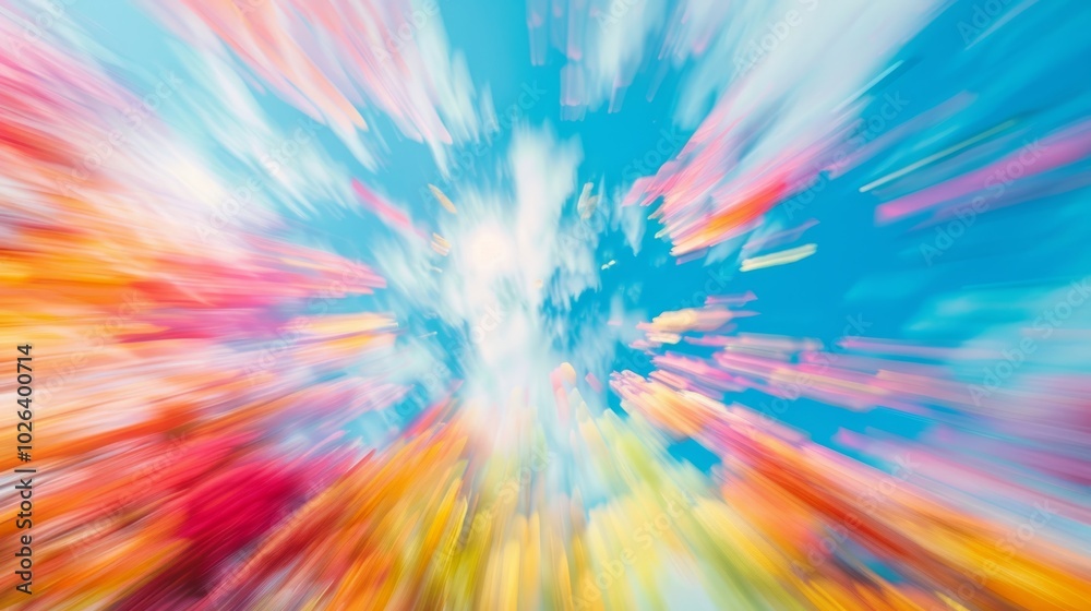 Obraz premium First person view of a rainbow in a clear blue sky, emphasizing motion in a dreamlike style