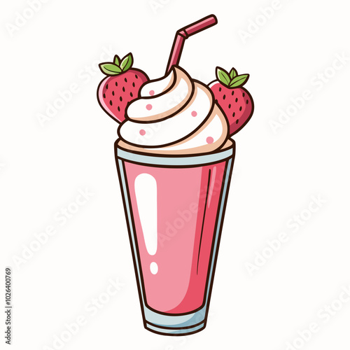 Hand-Drawn Strawberry Milkshake with Whipped Cream and Strawberries. Perfect for: summer parties, cafes, picnics
