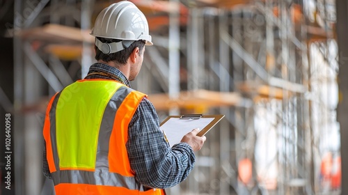 Construction Site Engineer in Protective Gear Inspecting Surroundings with Clipboard