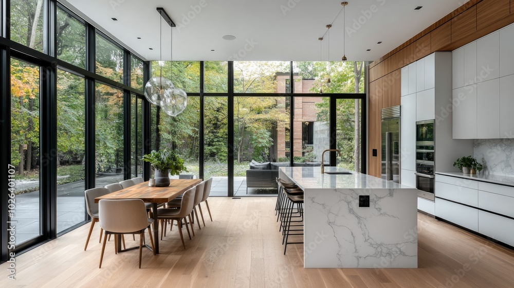 Fototapeta premium Modern kitchen and dining area with large windows overlooking a backyard.