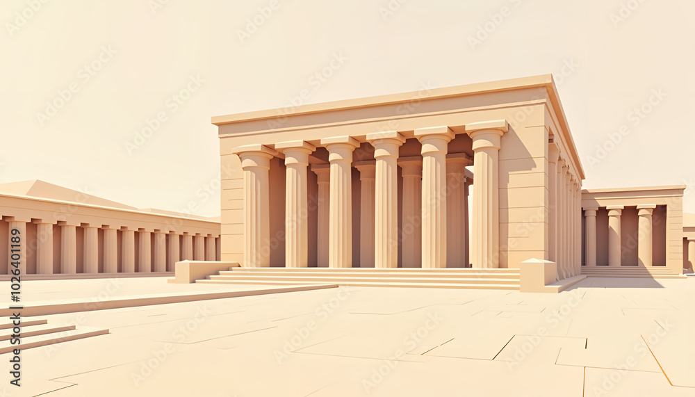 Fototapeta premium Ancient Egyptian temple with grand columns and soft lighting on a serene beige background