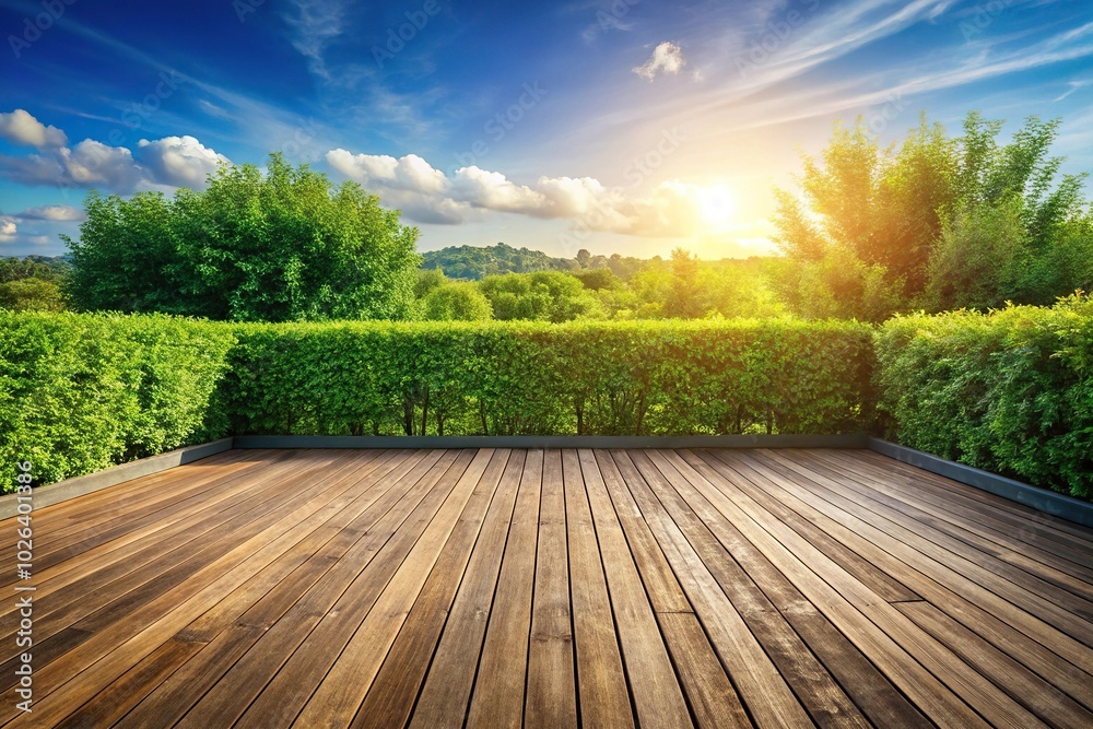 Wooden terrace overlooking garden with sunlight in background