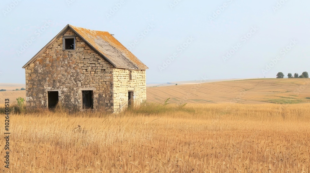 Ancient stone barn amidst vast fields of wheat Ancient stone barn amidst vast fields of wheat