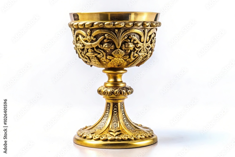 Ornate golden cup chalice goblet on white background with vintage engraving Ornate golden cup chalice goblet on white background with vintage engraving