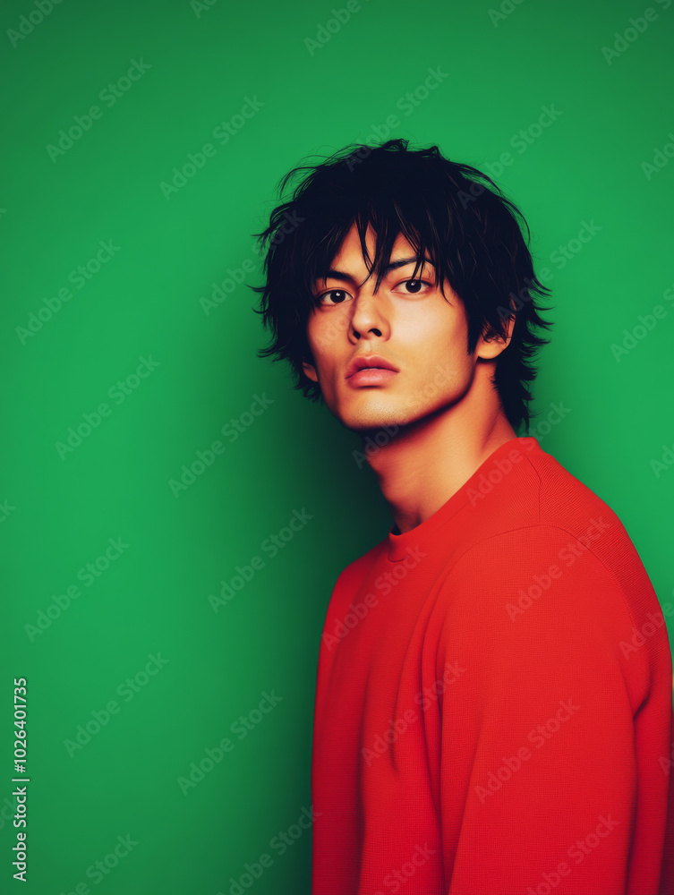 Fototapeta premium Young man in red sweater poses against vibrant green backdrop in dramatic lighting