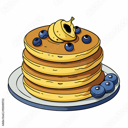 Hand-Drawn Pancakes with Maple Syrup and Berries. Perfect for: brunch, breakfast cafes, family meals