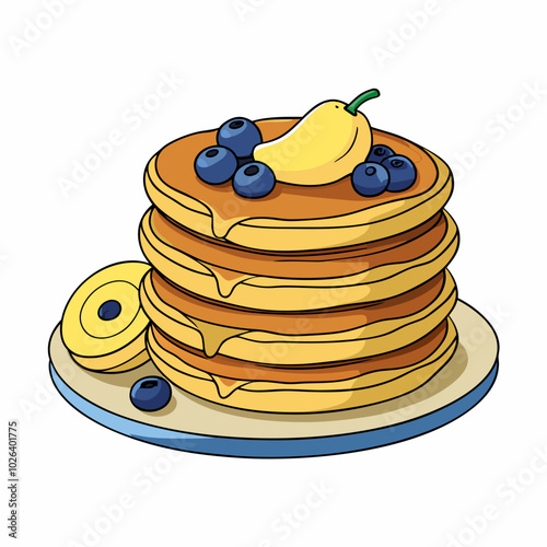Hand-Drawn Pancakes with Maple Syrup and Berries. Perfect for: brunch, breakfast cafes, family meals