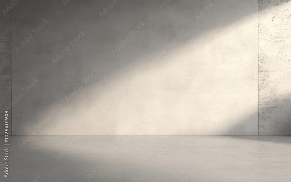 Minimalistic interior space with natural light highlighting the concrete wall during the day