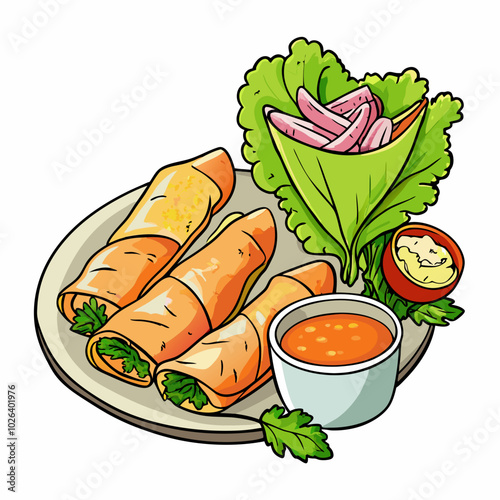 Hand-Drawn Shrimp Spring Rolls with Peanut Sauce. Perfect for: Asian cuisine restaurants, healthy meals, family dinners