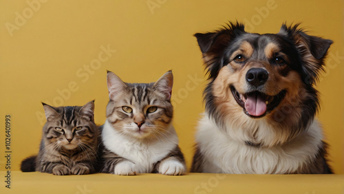 Dog and cat portrait on yellow background isolated. Pets and companions. Commercial banner for advertising cat and dod food photo