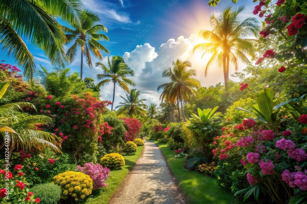 Tropical garden path with blooming flowers under blue sky Tropical garden path with blooming flowers under blue sky