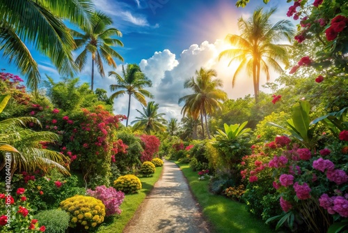 Tropical garden path with blooming flowers under blue sky