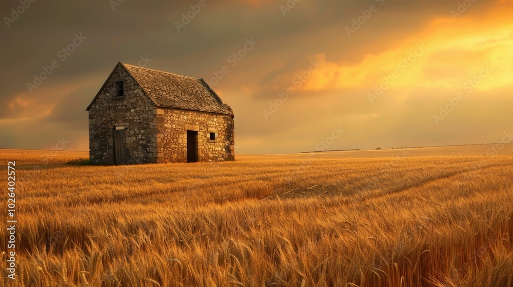 Ancient stone barn amidst vast fields of wheat Ancient stone barn amidst vast fields of wheat