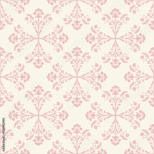 Seamless pink damask pattern with ornamental floral motifs, ideal for wallpaper, textile prints, gift wrapping, home decor, vintage-style interior design, upholstery, and decorative arts.