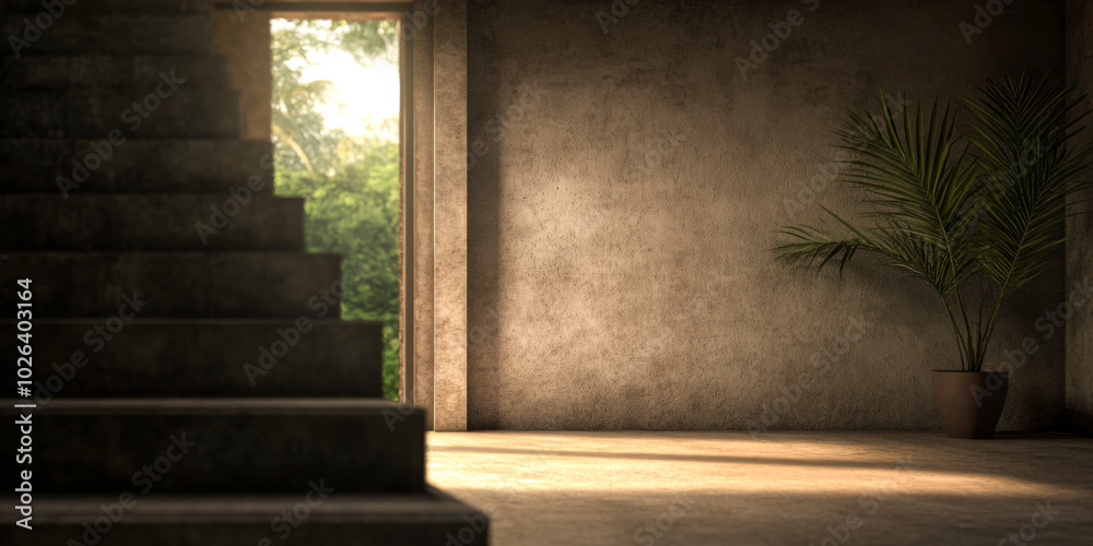 A tranquil interior with sunlight streaming through an open door and casting shadows on stairs A tranquil interior with sunlight streaming through an open door and casting shadows on stairs