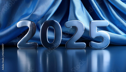 New Year 2025 numbers with diamonds on blue velvet fabric background photo