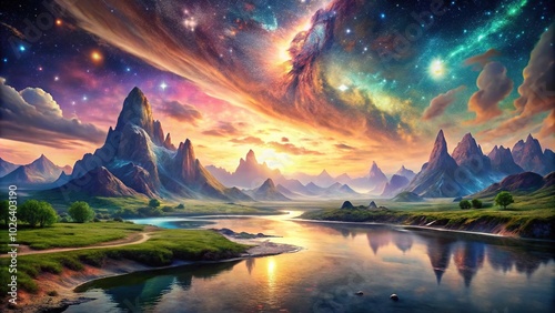 Otherworldly dreamland of surreal mountain range with flowing rivers and cosmic nebulas