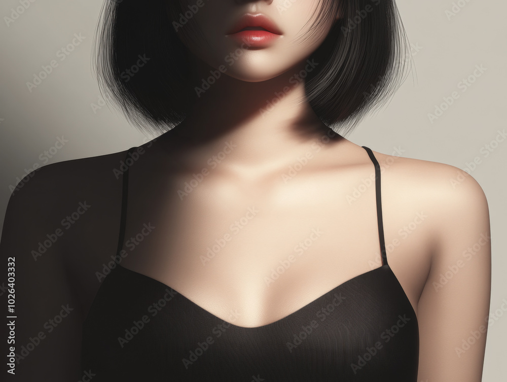 Fototapeta premium Woman in sleeveless black top with dramatic lighting showcasing elegance and simplicity indoors