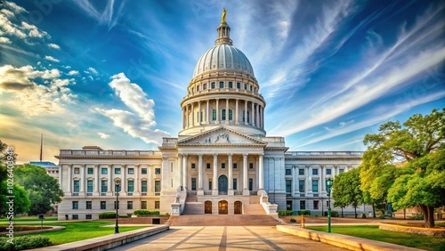 Wide-angle view of the historic Capitol Building in Madison, Wisconsin