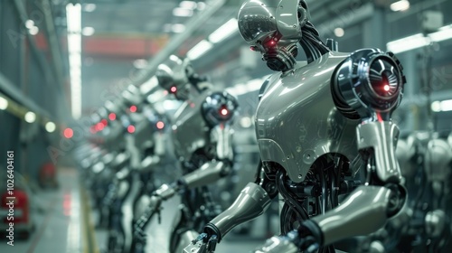 Array of automated welding robots in a car factory