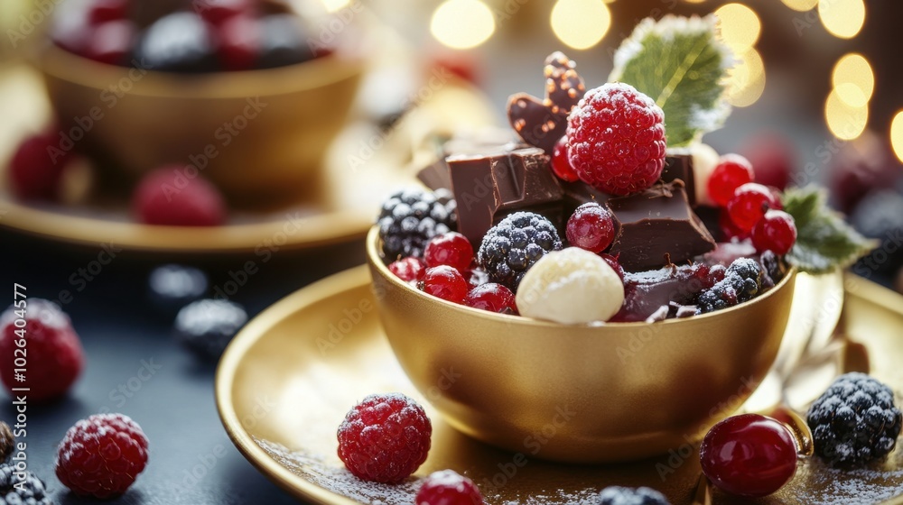 Golden christmas dessert bowl overflowing with chocolate and berries Golden christmas dessert bowl overflowing with chocolate and berries