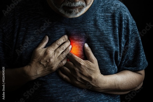 A senior man holds his chest, expressing discomfort while a glowing light signifies pain or concern for his health. photo