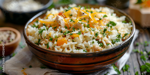 Rice with Cashew nuts and Peas served in a bowl with blur background