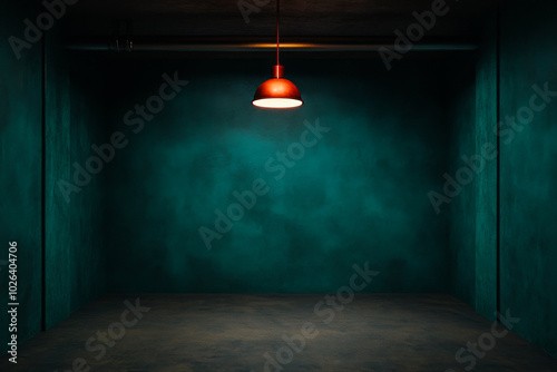 A solitary red pendant light illuminates an empty dark teal room with a concrete floor