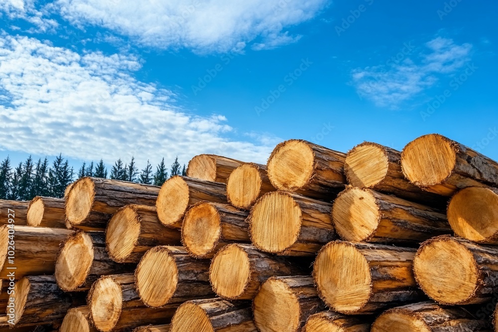Stacked logs under a blue sky with clouds in the background. Stacked logs under a blue sky with clouds in the background.