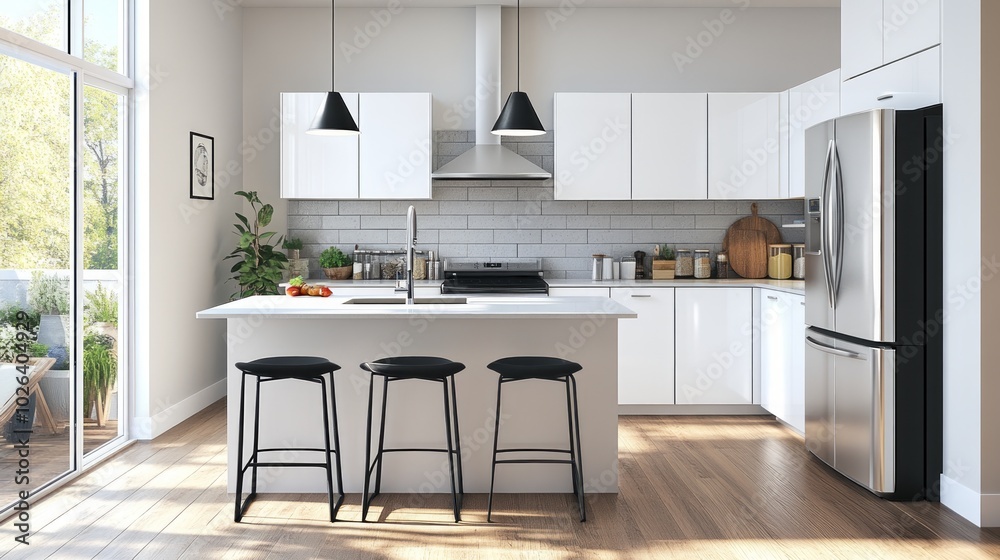 Modern kitchen with white cabinets, stainless steel appliances, and a breakfast bar with three stools. The kitchen has a large window overlooking a patio. Modern kitchen with white cabinets, stainless steel appliances, and a breakfast bar with three stools. The kitchen has a large window overlooking a patio.