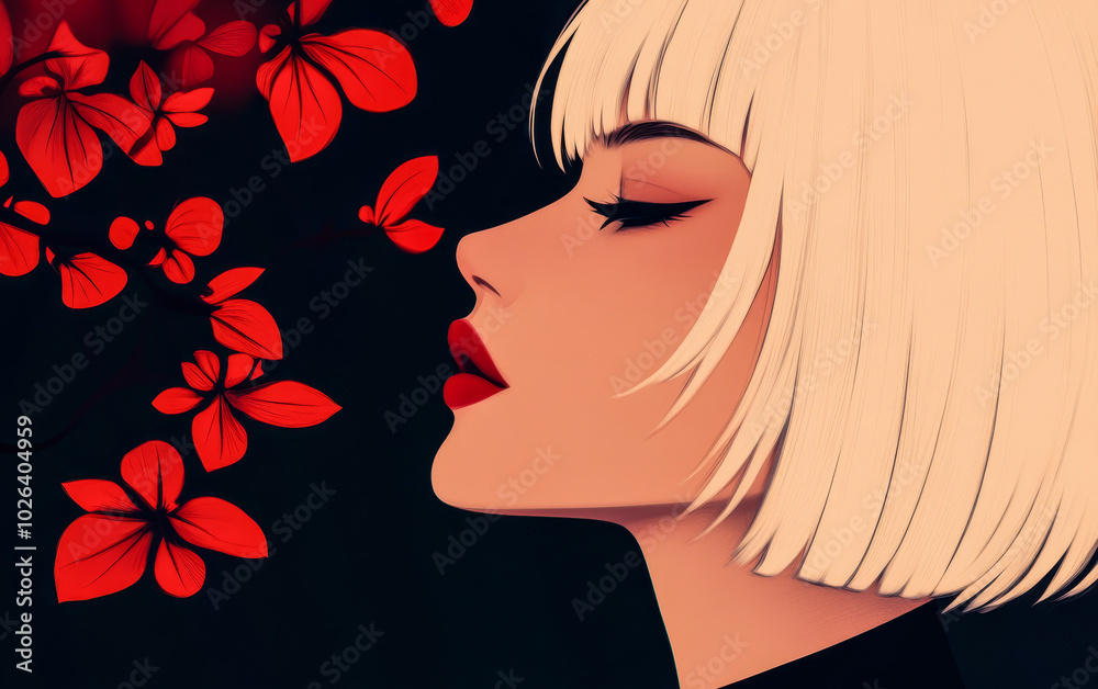 A woman with short blonde hair enjoys the beauty of red flowers against a dark background A woman with short blonde hair enjoys the beauty of red flowers against a dark background