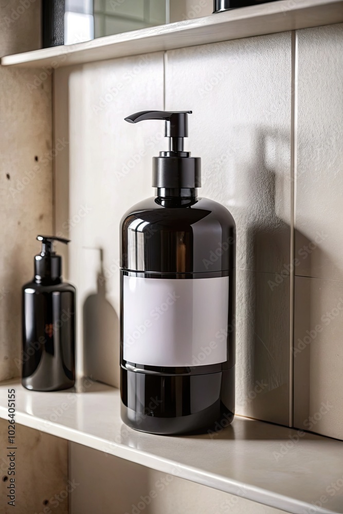 Minimalist bathroom with sleek black dispensers. Minimalist bathroom with sleek black dispensers.